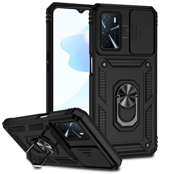 Custodia Per Oppo A16/A16S/A54S/A54 4G/A55 A Doppio Strato Con Copertura Scorrevole Della Fotocamera E Supporto Ad Anello Nero-image
