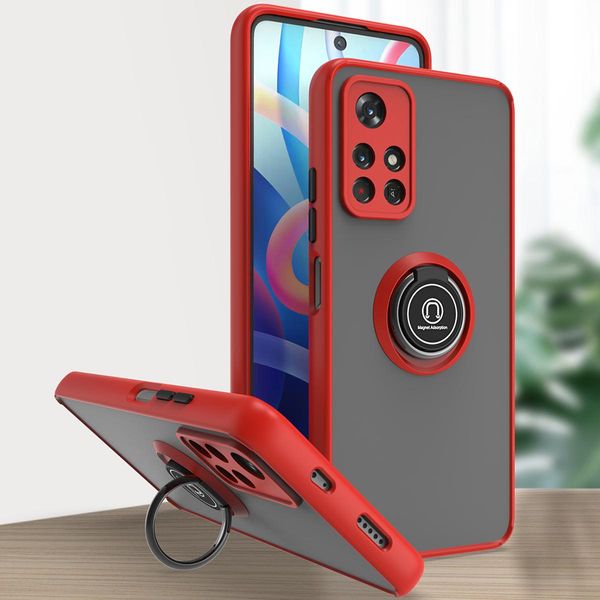 Custodia Per Xiaomi Poco M4 Pro 5G Opaca Traslucida In Tpu Con Supporto Ad Anello E Stand Rosso-image