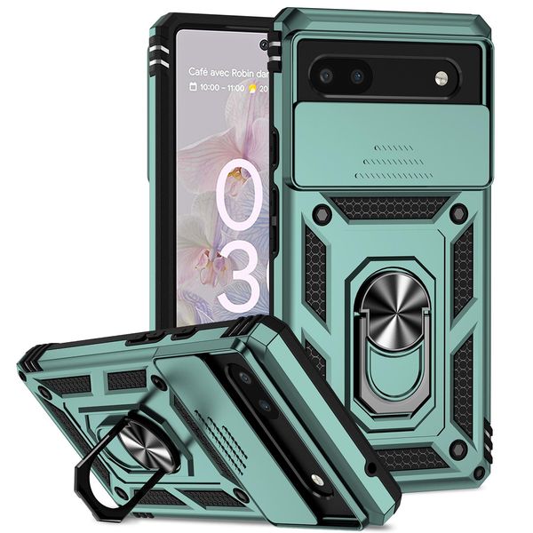 Custodia Per Google Pixel 6A A Doppio Strato Con Copertura Scorrevole Della Fotocamera E Supporto Ad Anello Verde-image