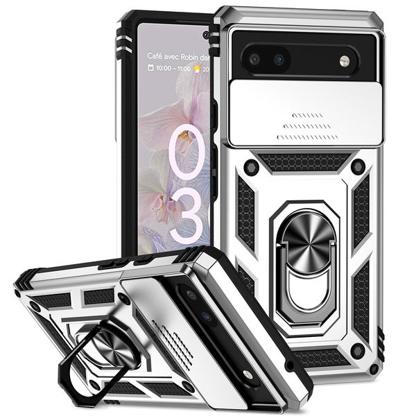 Custodia Per Google Pixel 6A A Doppio Strato Con Copertura Scorrevole Della Fotocamera E Supporto Ad Anello Argento-image