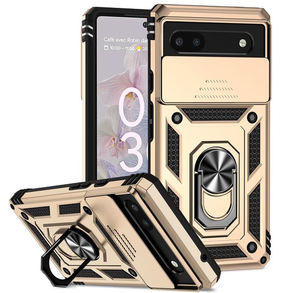 Custodia Per Google Pixel 6A A Doppio Strato Con Copertura Scorrevole Della Fotocamera E Supporto Ad Anello Oro-image