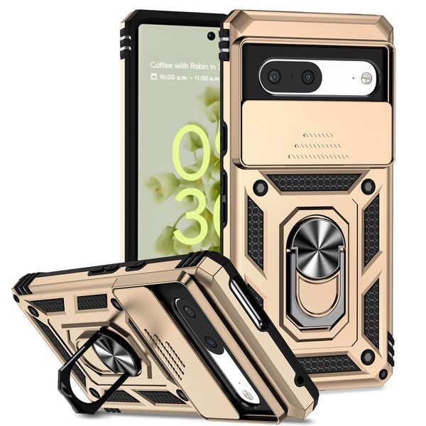 Custodia Per Google Pixel 7 Pro A Doppio Strato Con Copertura Scorrevole Della Fotocamera E Supporto Ad Anello Oro-image