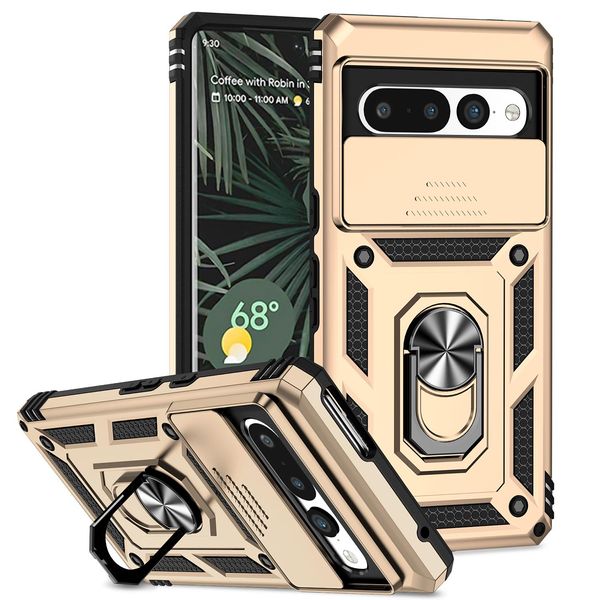 Custodia Per Google Pixel 7 A Doppio Strato Con Copertura Scorrevole Della Fotocamera E Supporto Ad Anello Oro-image