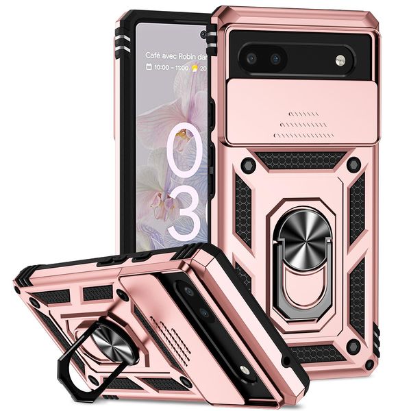 Custodia Per Google Pixel 6A A Doppio Strato Con Copertura Scorrevole Della Fotocamera E Supporto Ad Anello Rosa-image