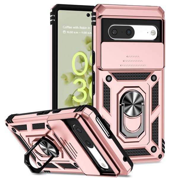 Custodia Per Google Pixel 7 Pro A Doppio Strato Con Copertura Scorrevole Della Fotocamera E Supporto Ad Anello Rosa-image