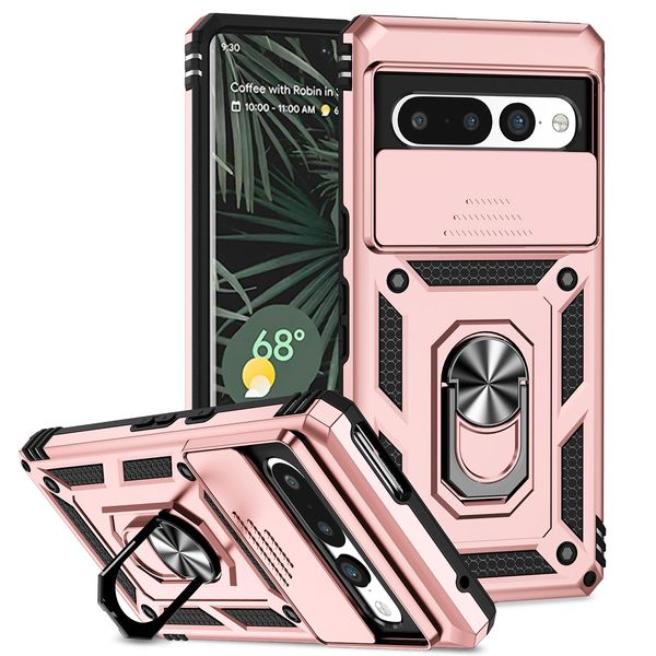 Custodia Per Google Pixel 7 A Doppio Strato Con Copertura Scorrevole Della Fotocamera E Supporto Ad Anello Rosa-image