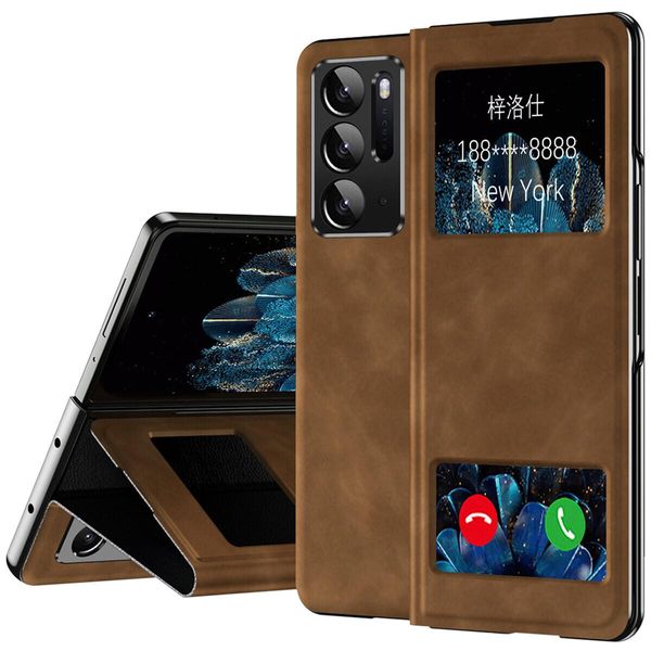 Custodia Sottile In Pelle Flip Per Oppo Find N, Con Finestra Di Visualizzazione E Funzione Stand Marrone-image