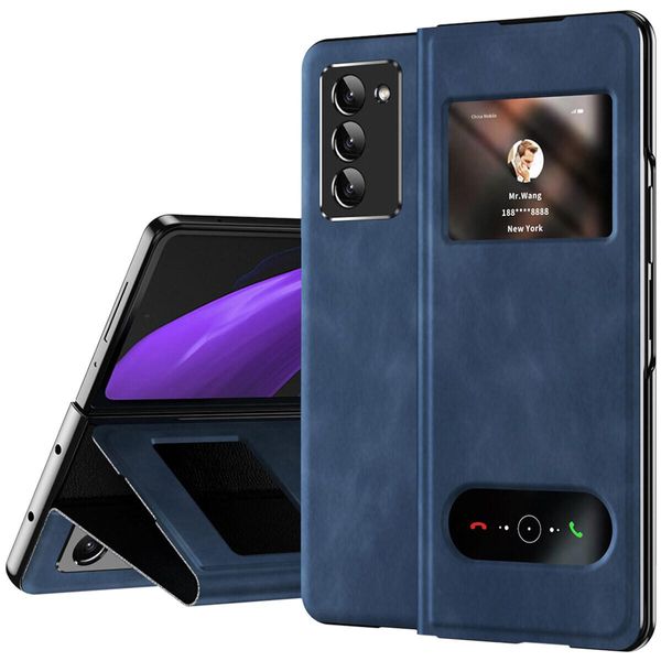 Custodia Sottile In Pelle Flip Per Samsung Galaxy Z Fold 2 5G, Con Finestra Di Visualizzazione E Funzione Stand Blu Scuro-image
