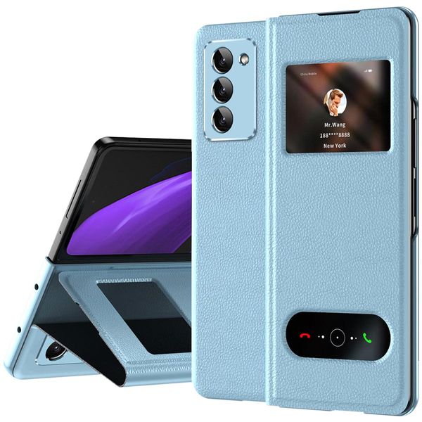 Custodia Sottile In Pelle Flip Per Samsung Galaxy Z Fold 2 5G, Con Finestra Di Visualizzazione E Funzione Stand Blu Litchi-image