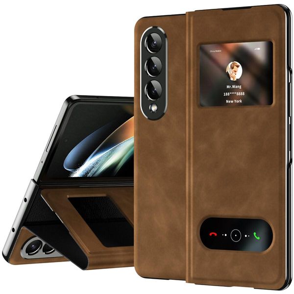 Custodia Sottile In Pelle Flip Per Samsung Galaxy Z Fold 3 5G, Con Finestra Di Visualizzazione E Funzione Stand Marrone-image