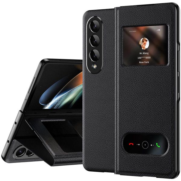 Custodia Sottile In Pelle Flip Per Samsung Galaxy Z Fold 4 5G, Con Finestra Di Visualizzazione E Funzione Stand Lychee Nero-image