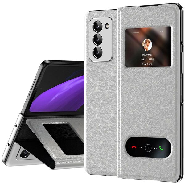 Custodia Sottile In Pelle Flip Per Samsung Galaxy Z Fold 2 5G, Con Finestra Di Visualizzazione E Funzione Stand Lychee White-image