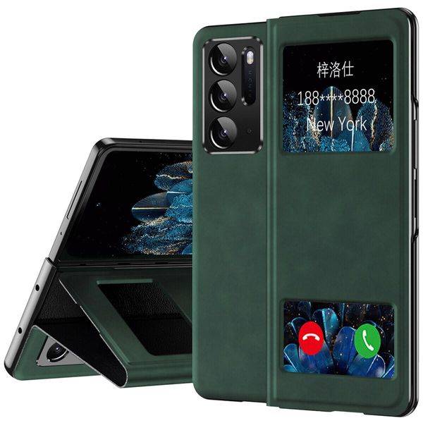 Custodia Sottile In Pelle Flip Per Oppo Find N, Con Finestra Di Visualizzazione E Funzione Stand Verde-image