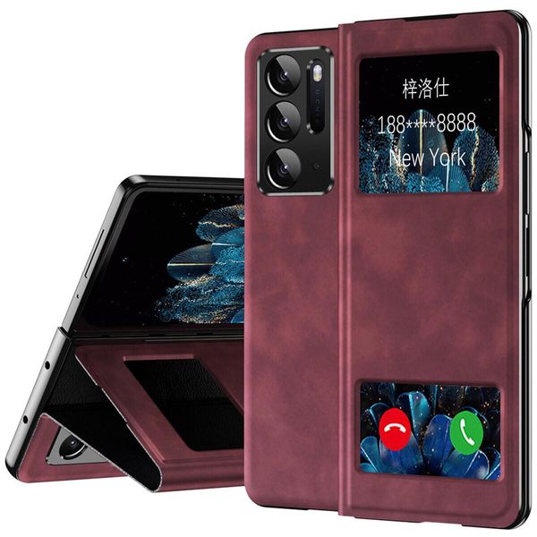 Custodia Sottile In Pelle Flip Per Oppo Find N, Con Finestra Di Visualizzazione E Funzione Stand Rosso-image