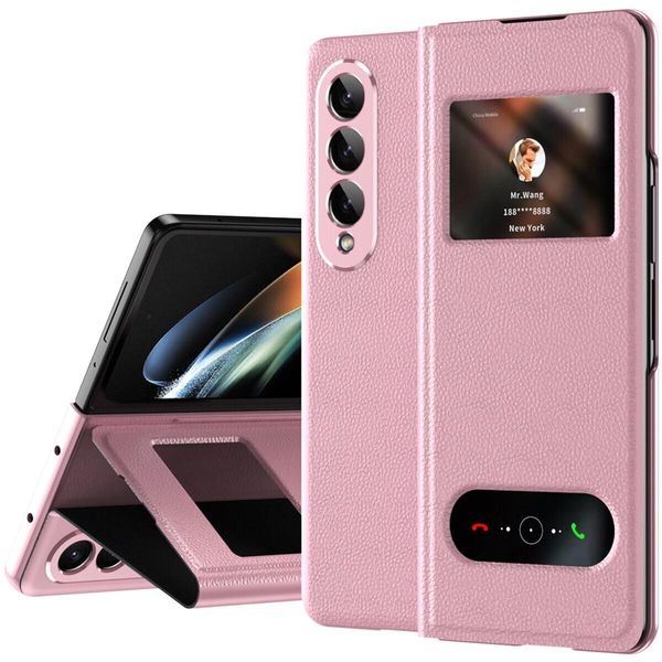Custodia Sottile In Pelle Flip Per Samsung Galaxy Z Fold 3 5G, Con Finestra Di Visualizzazione E Funzione Stand Lychee Pink-image