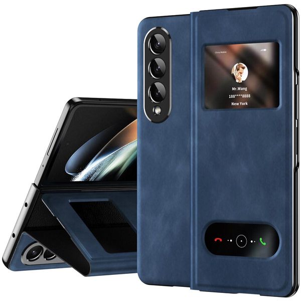 Custodia Sottile In Pelle Flip Per Samsung Galaxy Z Fold 3 5G, Con Finestra Di Visualizzazione E Funzione Stand Blu Scuro-image