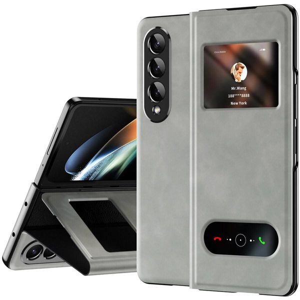 Custodia Sottile In Pelle Flip Per Samsung Galaxy Z Fold 4 5G, Con Finestra Di Visualizzazione E Funzione Stand Grigio-image