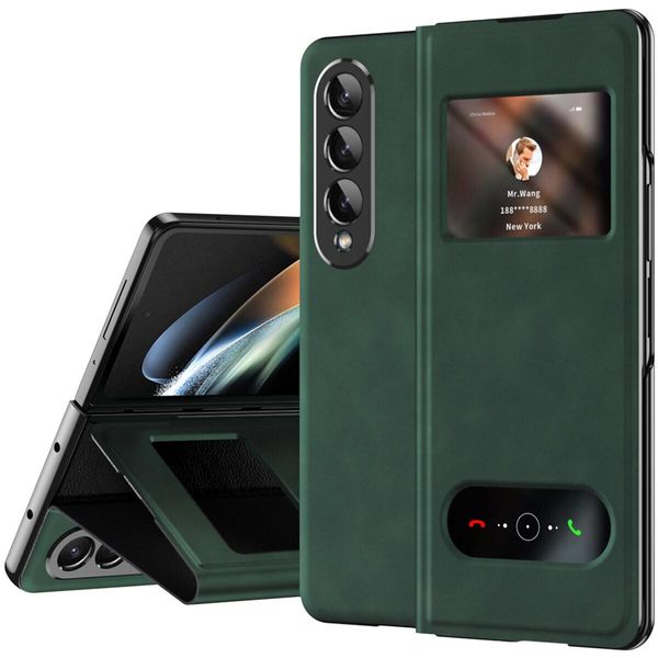 Custodia Sottile In Pelle Flip Per Samsung Galaxy Z Fold 3 5G, Con Finestra Di Visualizzazione E Funzione Stand Verde-image