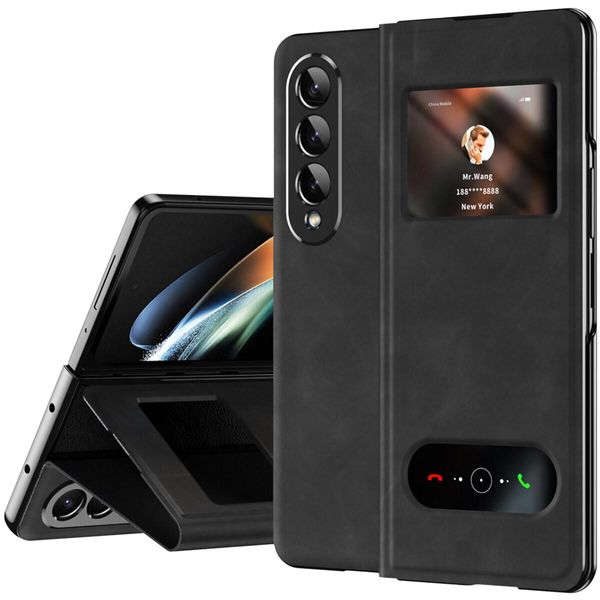 Custodia Sottile In Pelle Flip Per Samsung Galaxy Z Fold 4 5G, Con Finestra Di Visualizzazione E Funzione Stand Nero-image