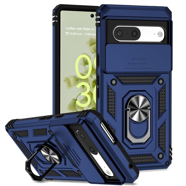 Custodia Per Google Pixel 7 A Doppio Strato Con Copertura Scorrevole Della Fotocamera E Supporto Ad Anello Blu-image