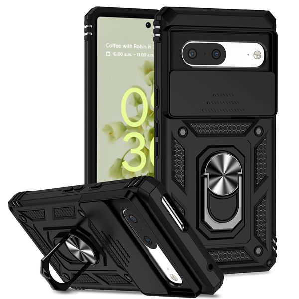 Custodia Per Google Pixel 7 A Doppio Strato Con Copertura Scorrevole Della Fotocamera E Supporto Ad Anello Nero-image