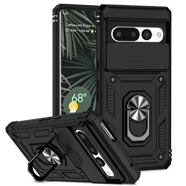 Custodia Per Google Pixel 7 Pro A Doppio Strato Con Copertura Scorrevole Della Fotocamera E Supporto Ad Anello Nero-image