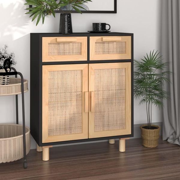 Vidaxl Credenza Nera 60X30X75Cm In Pino Massiccio E Rattan Naturale-image