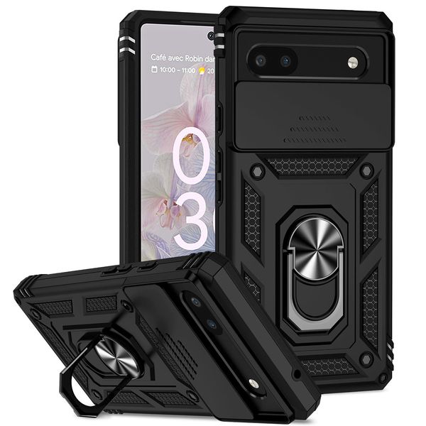 Custodia Per Google Pixel 6A A Doppio Strato Con Copertura Scorrevole Della Fotocamera E Supporto Ad Anello Nero-image