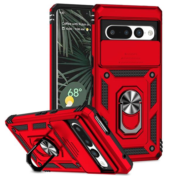 Custodia Per Google Pixel 7 Pro A Doppio Strato Con Copertura Scorrevole Della Fotocamera E Supporto Ad Anello Rosso-image
