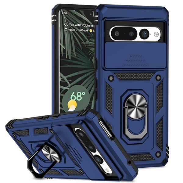 Custodia Per Google Pixel 7 Pro A Doppio Strato Con Copertura Scorrevole Della Fotocamera E Supporto Ad Anello Blu-image