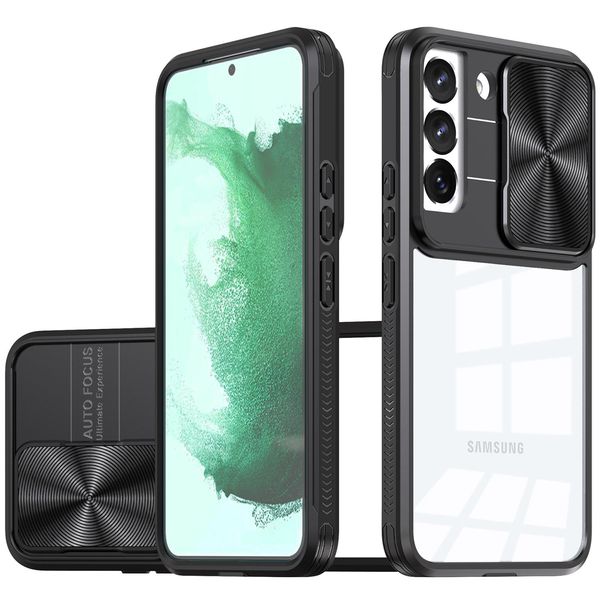 Custodia Galaxy S22 5G, Custodia Ibrida In Tpu Trasparente Con Copertura Scorrevole Per Fotocamera Samsung Galaxy S22 5G Nero-image