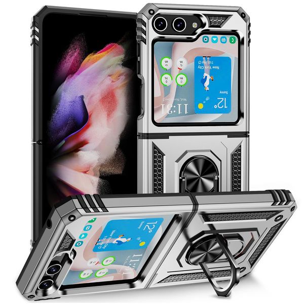 Custodia Per Samsung Galaxy Z Flip 5 A Doppio Strato Robusta, Protezione Militare Con Supporto Ad Anello E Supporto Argento-image