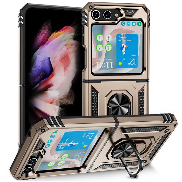 Custodia Per Samsung Galaxy Z Flip 5 A Doppio Strato Robusta, Protezione Militare Con Supporto Ad Anello E Supporto Oro-image