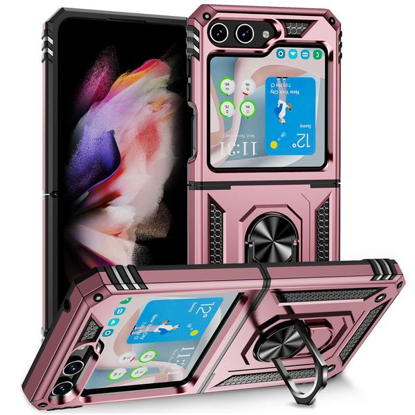 Custodia Per Samsung Galaxy Z Flip 5 A Doppio Strato Robusta, Protezione Militare Con Supporto Ad Anello E Supporto Oro Rosa-image
