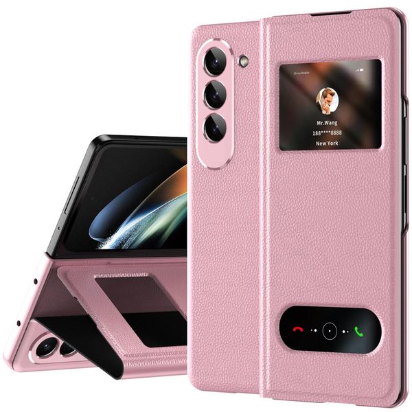 Custodia Sottile In Pelle Flip Per Samsung Galaxy Z Fold 5, Con Finestra Di Visualizzazione E Funzione Stand Lychee Pink-image
