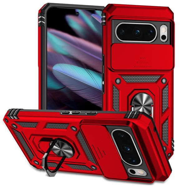 Custodia Per Google Pixel 8 Pro A Doppio Strato Con Copertura Scorrevole Della Fotocamera E Supporto Ad Anello Rosso-image