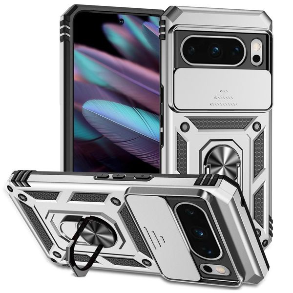 Custodia Per Google Pixel 8 Pro A Doppio Strato Con Copertura Scorrevole Della Fotocamera E Supporto Ad Anello Argento-image
