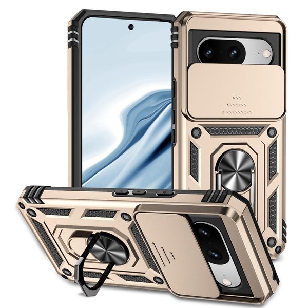 Custodia Per Google Pixel 8 A Doppio Strato Con Copertura Scorrevole Della Fotocamera E Supporto Ad Anello Oro-image