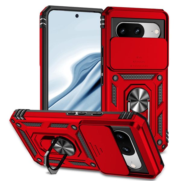 Custodia Per Google Pixel 8 A Doppio Strato Con Copertura Scorrevole Della Fotocamera E Supporto Ad Anello Rosso-image