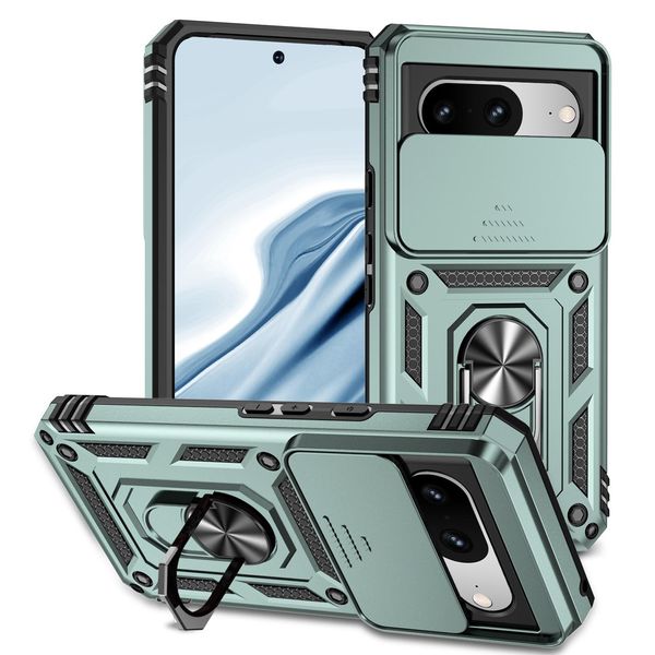 Custodia Per Google Pixel 8 A Doppio Strato Con Copertura Scorrevole Della Fotocamera E Supporto Ad Anello Verde-image