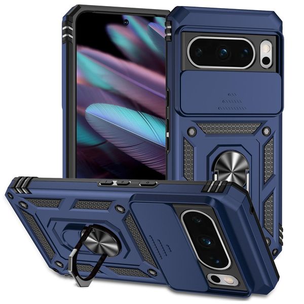 Custodia Per Google Pixel 8 Pro A Doppio Strato Con Copertura Scorrevole Della Fotocamera E Supporto Ad Anello Blu-image