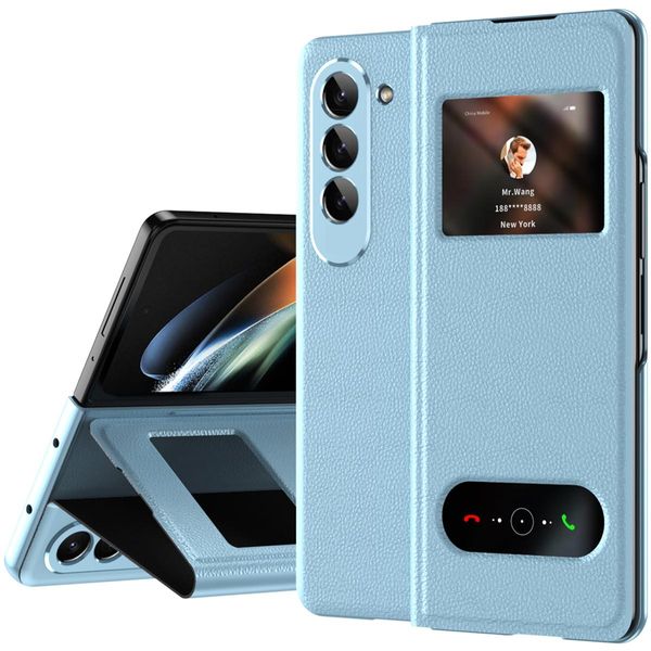 Custodia Sottile In Pelle Flip Per Samsung Galaxy Z Fold 5, Con Finestra Di Visualizzazione E Funzione Stand Blu Litchi-image