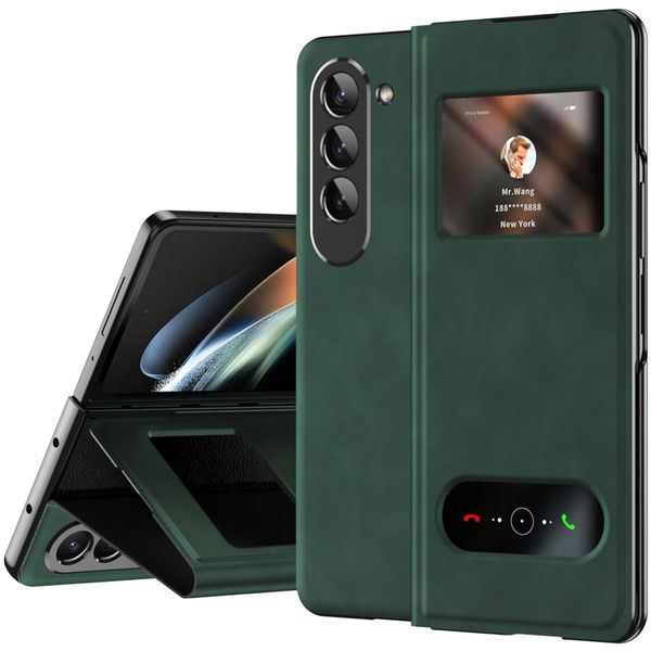 Custodia Sottile In Pelle Flip Per Samsung Galaxy Z Fold 5, Con Finestra Di Visualizzazione E Funzione Stand Verde-image