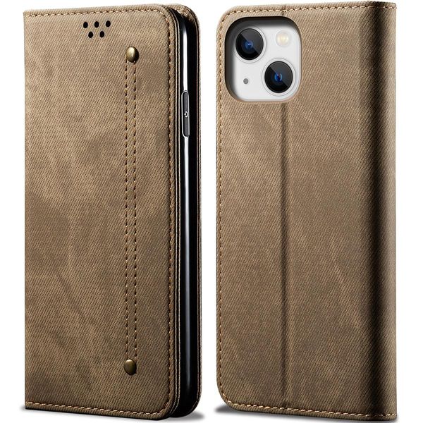 Custodia Per Iphone 15, Custodia A Portafoglio In Pelle Con Chiusura Magnetica E Supporto Khaki-image