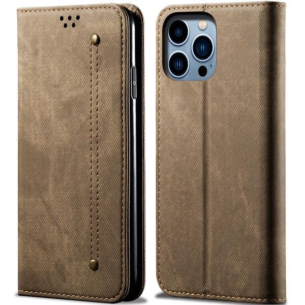 Custodia Per Iphone 15 Pro, Custodia A Portafoglio In Pelle Con Chiusura Magnetica E Supporto Khaki-image