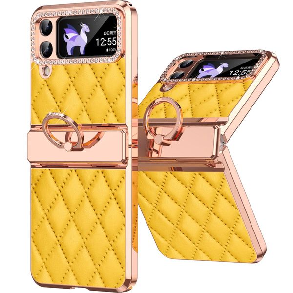 Custodia In Pelle Per Samsung Galaxy Z Flip 4 5G Con Supporto Ad Anello, Custodia Protettiva Lucida Con Protezione Della Cerniera Giallo-image