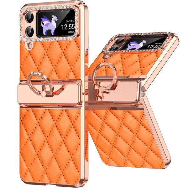 Custodia In Pelle Per Samsung Galaxy Z Flip 4 5G Con Supporto Ad Anello, Custodia Protettiva Lucida Con Protezione Della Cerniera Arancione-image