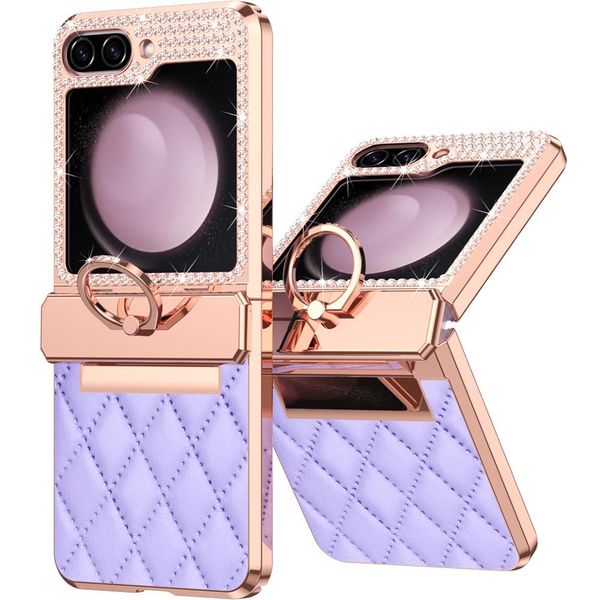Custodia In Pelle Per Samsung Galaxy Z Flip 5 Con Supporto Ad Anello, Custodia Protettiva Lucida Con Protezione Della Cerniera Viola-image