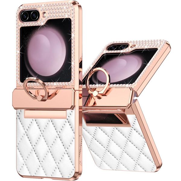 Custodia In Pelle Per Samsung Galaxy Z Flip 5 Con Supporto Ad Anello, Custodia Protettiva Lucida Con Protezione A Cerniera Bianco-image