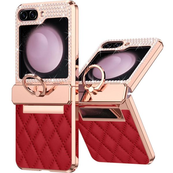 Custodia In Pelle Per Samsung Galaxy Z Flip 5 Con Supporto Ad Anello, Custodia Protettiva Lucida Con Protezione A Cerniera Rossa-image